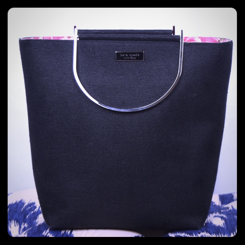 kate spade Black Canvas Tote with Pink Floral Lining and Silver Handles